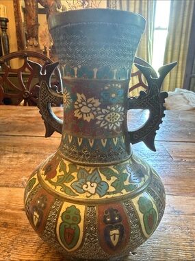Vintage Chinese Decorative Cloisonné-Style Floral Metal Vase